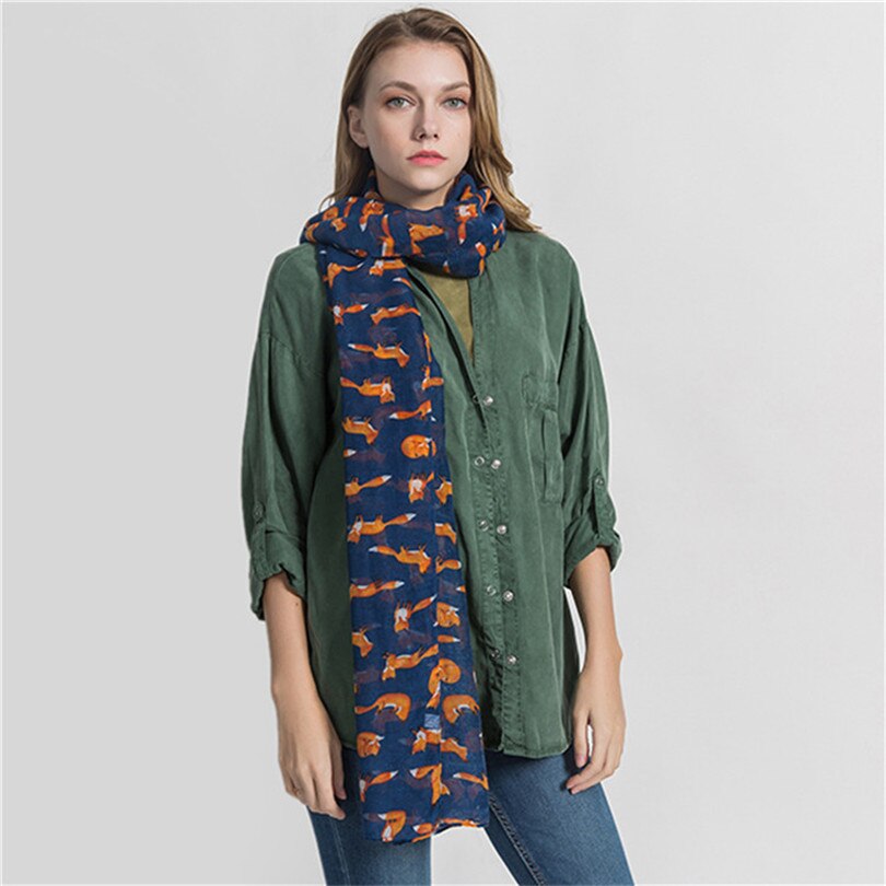 YGYEEG Women Fox Scarf Voile Girl Long Cute Fox Print Scarf Wraps Shawl Soft Scarves Female Cute Tippet Foulard Cachecol Shawl: Navy Blue