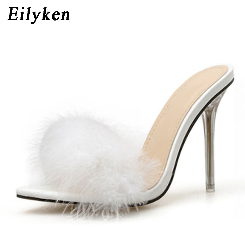 Eilyken kvinna tofflor fjäder pvc genomskinliga sandaler perspex höga klackar päls peep toe dam mulor slides skor: Vit / 38