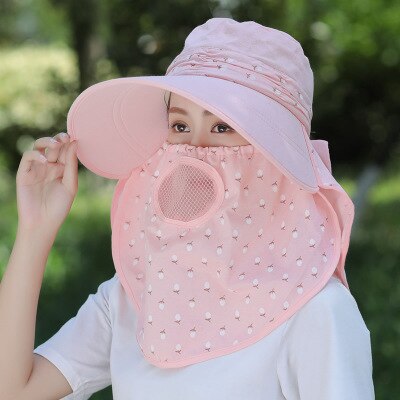 Ploermin beschermkap zomer zonnehoeden dames nek gezicht zonnebrandcrème brede rand ademend vissershoed zonnemasker pet buiten: Roze