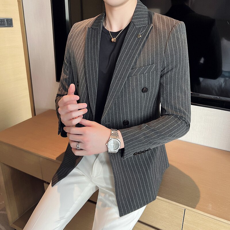 Black/Gray Mens Business Formal Suit Jacket Double Breasted Striped Blazer Mens British Style Slim Fit Casual Wedding Suit Coats