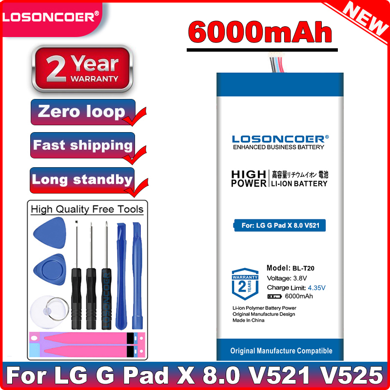 LOSONCOER 6000mAh BL-T20 for LG G Pad X 8.0 V521 V525 V520 Table PC Latest Production Battery Free Tools