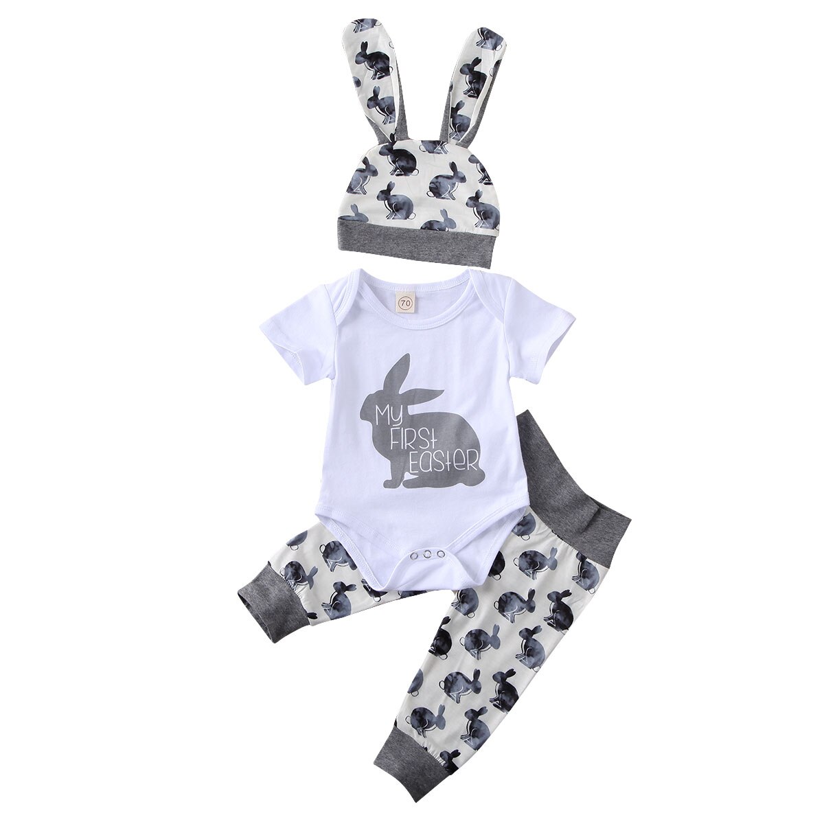 3PCS My First Easter Toddler Newborn Baby Girl Boy Easter Outfits Set Short Sleeve Bunny Tops+Print Pants+Hat Summer Clothes Set: Gray / 6M