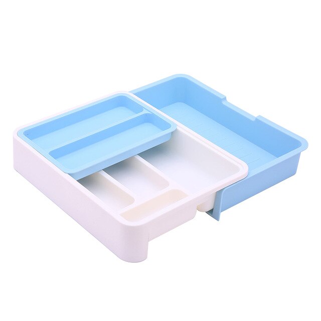 Kitchen drawer organizer plastic storage drawer Cutlery Tray for drawers divider Durable Utensil Multi Partition Safe Easy Clean: White Blue