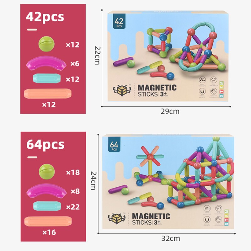 Juguetes de barra magnética Variable para niños, juguetes de bolas magnéticas de colores, rompecabezas magnético de barra magnética de 36-64 piezas, juguete educativo