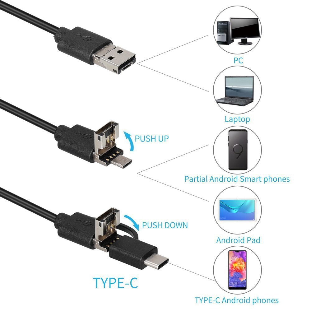 1080P Android 8MM caméra vidéo IP67 Micro USB type-c USB 3-en-1 ordinateur Endoscope Endoscope Tube étanche USB Inspection