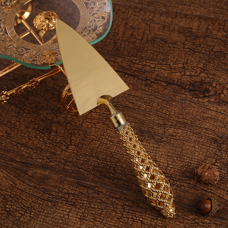 Juego de pala y cuchillo dorados para hornear, juego de cubiertos dorados con mango hueco para Pizza, pastel, postre, de cumpleaños y boda