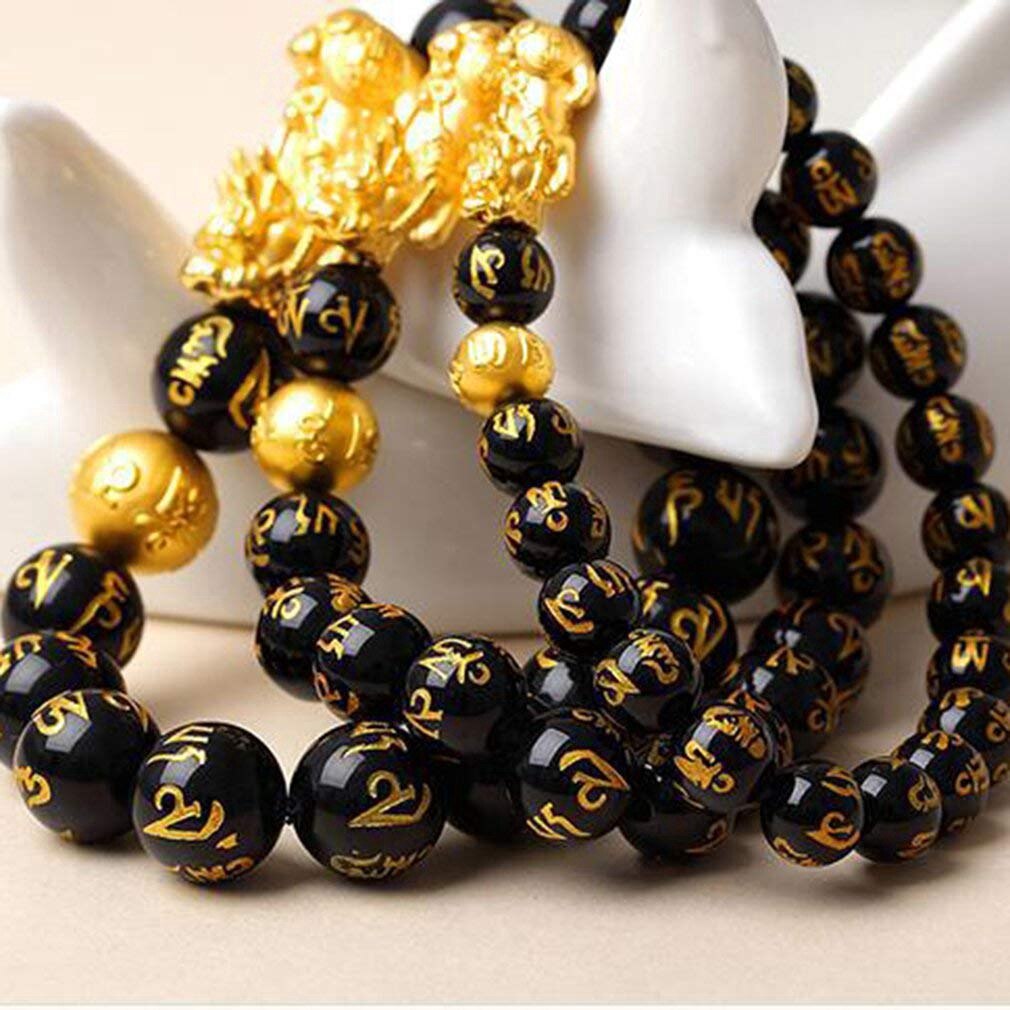 Pulsera de aleación de oro Feng Shui de 12mm, brazalete de dragón chino Pixiu, cuentas negras, abalorios de riqueza, joyería