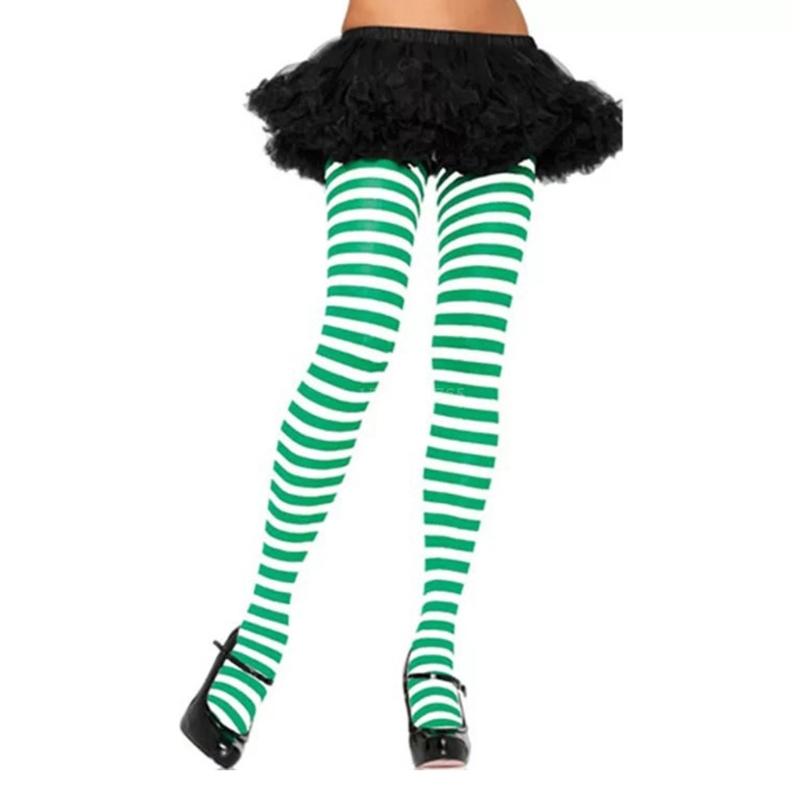 Collant a righe multicolore arcobaleno da donna calze opache collant sottili per costume Cosplay di Halloween di natale: verde e bianca