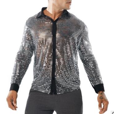 Discothèque sexy paillettes hommes chemise évider punk blouse décontractée chanteur scène costume homme or noir chemise à manches longues: Argent / S