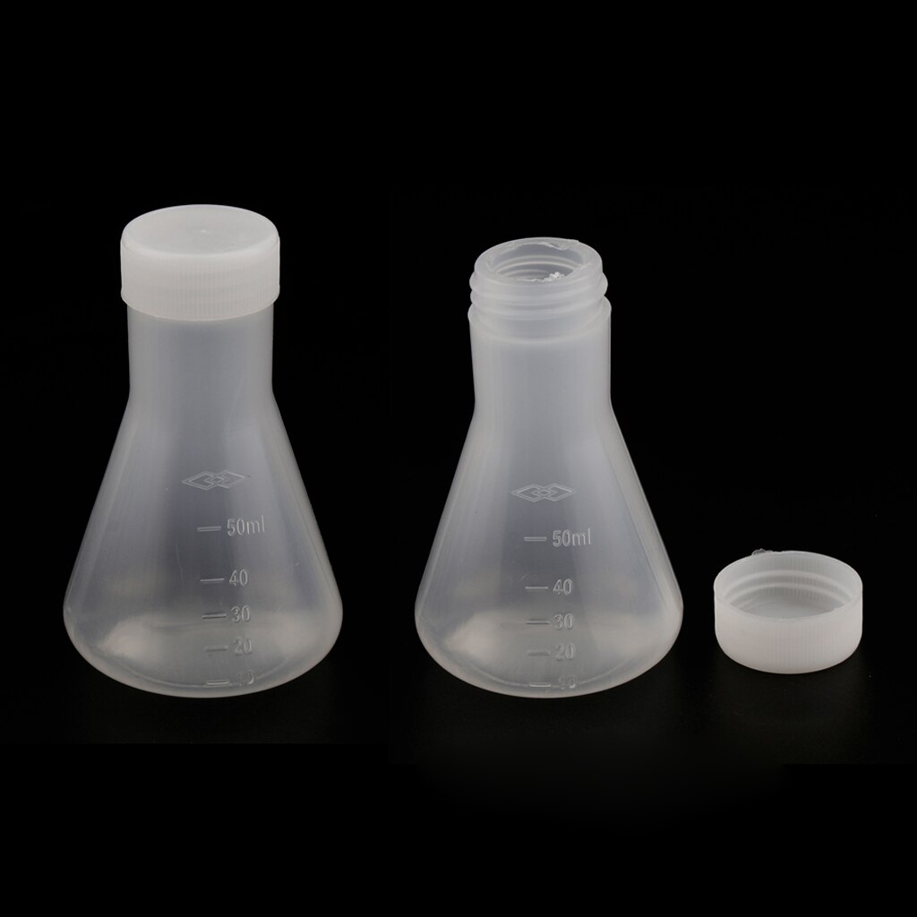 2 piezas 50ml Lab graduado matraz Erlenmeyer de plástico cónico con tapa, medición, pared engrosada lisa