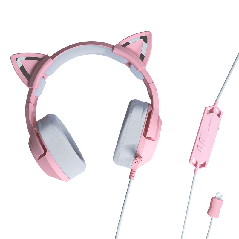 Gaming Headphones with Microphone Virtual 7.1 Noise Cancelling Pink Cat Ear Headset Vibration LED Light for PC Gamer Earphone