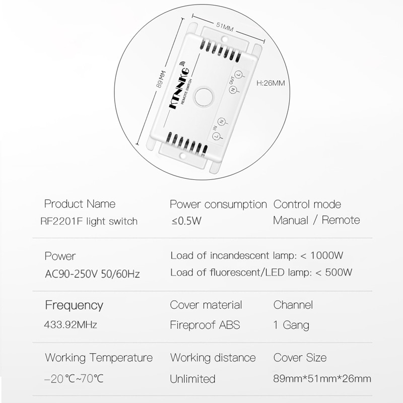 433Mhz 90-250V wall touch sensor switch, general standard lighting switch, crystal glass switching power supply, 1 way switch