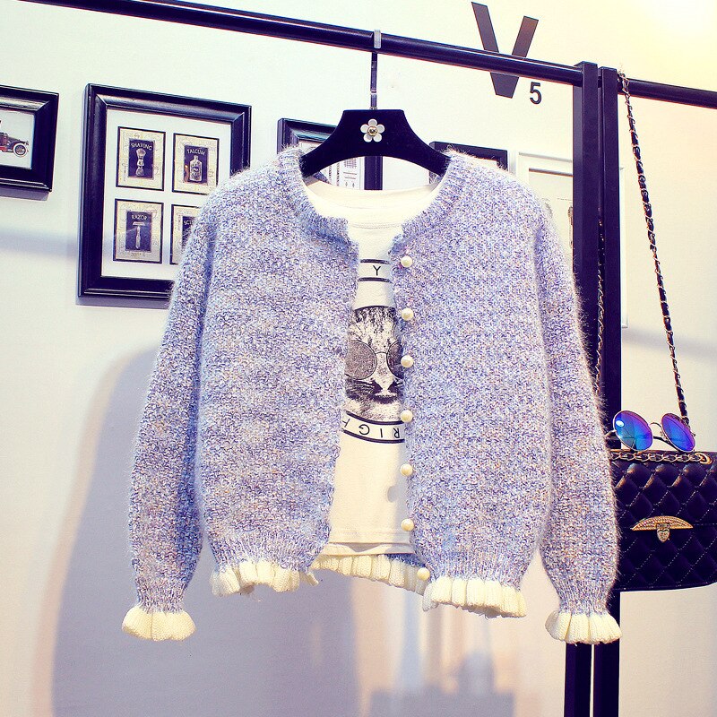 Neploe koreansk sød stil korte cardigans sweater kvinder flæser o hals perle veste femme løs strik studenterfrakke 46277: Himmelblå