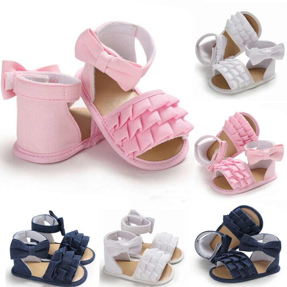 Cute Summer Baby Girls Sandals Ruffle Solid Casual Canvas Toddler Baby Girls Soft Crib Bow Shoes Princess Shoes Clogs