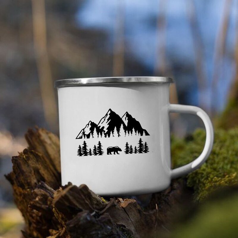 Taza con estampado de bosque y montaña, tazas creativas para café, té, bebidas, agua, desayuno, leche, Camping, senderismo, con asa,: XH1707-A015WH-8