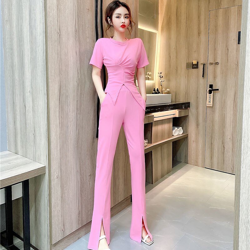 Women Summer Two-piece Suits Female O-neck Irregular Tops Ladies High Waist Split Slim Trousers Sets I86: Pink / S