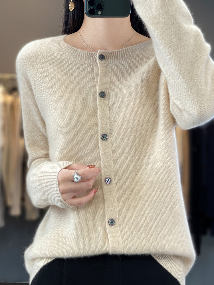 mujer 100% cárdigans de lana merina suéter de cachemira Otoño Invierno cuello redondo prendas de punto de manga larga ropa básica femenina Tops