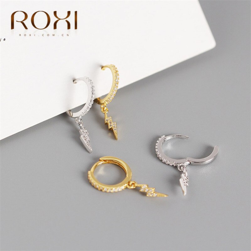 Roxi Punk Stijl Lightning Hanger Huggie Oorbellen 925 Sterling Sliver Kleine Oorbellen Voor Vrouwen Micro Effent Cz Ronde Hoop Earring