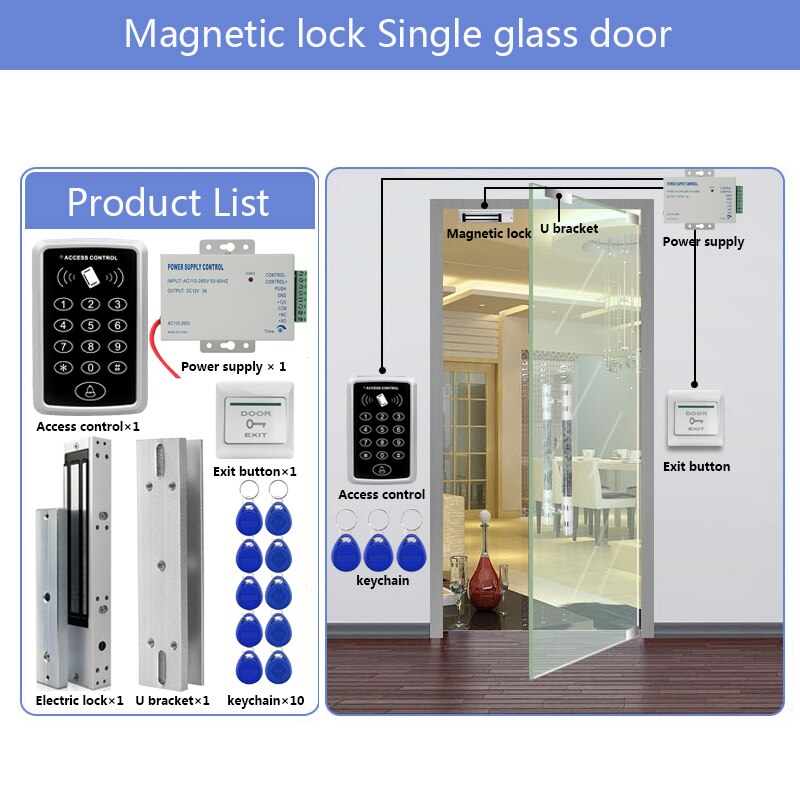 Door Access Control System Kit RFID Access Control Keypad + Power Supply + Electric Magnetic Lock Bolt Strike Locks + 10pcs Keys: Kit8