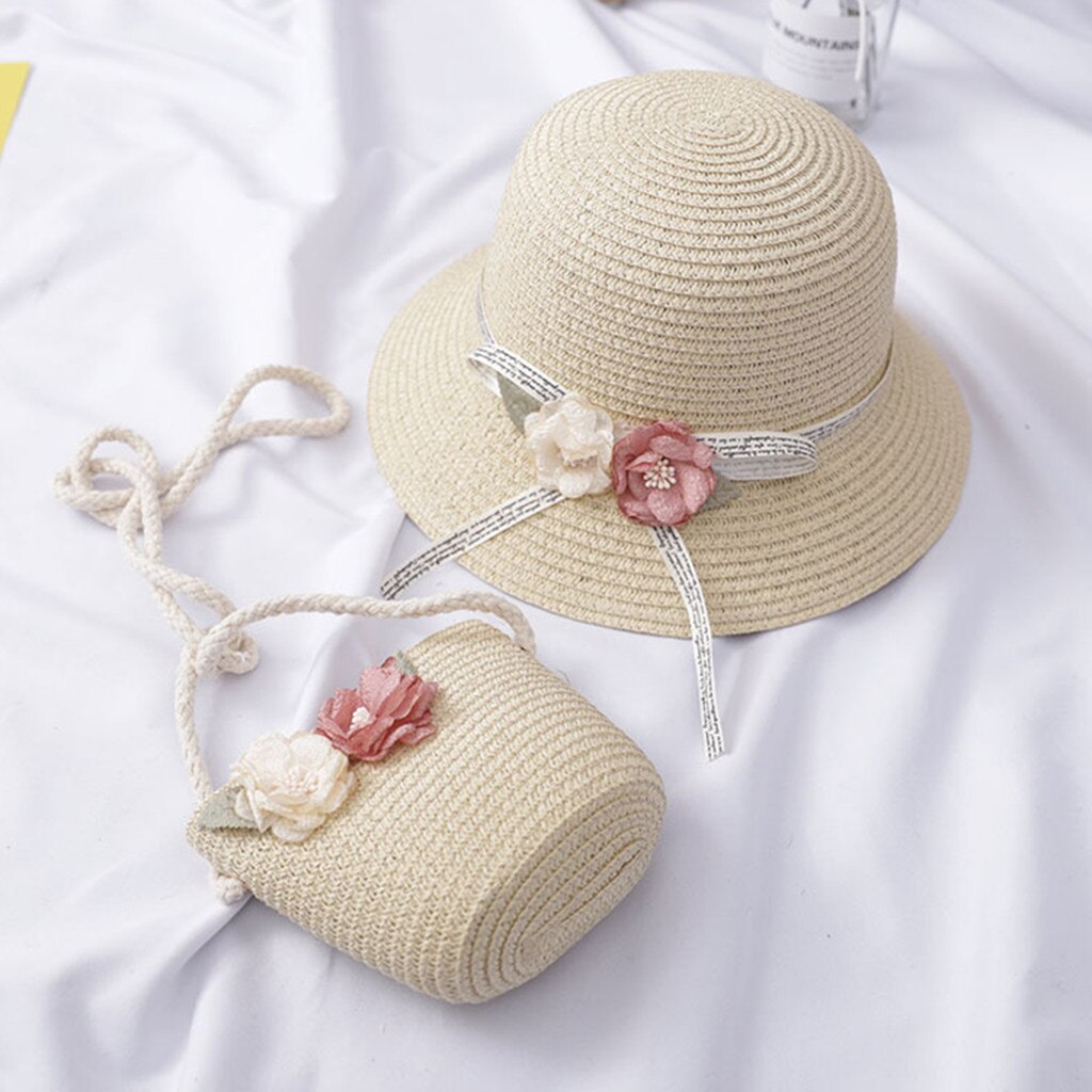 Sombrero de paja de verano para niñas de 2 a 7 años, sombrero para el sol para turismo, sombrero para el sol de flores para niños y niñas, conjunto de bolso, bolsa de paja de playa, bolso de hombro, bolsos #3