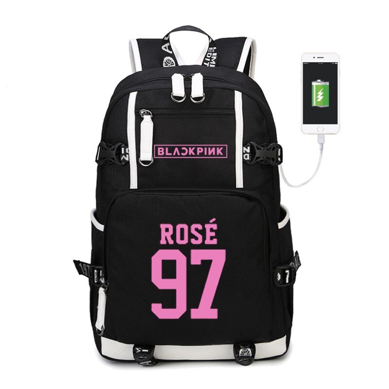 WISHOT KPOP, mochila coreana Blackpink Jennie Lis, mochila de hombro, bolsa de viaje para la escuela para adolescentes, bolsas casuales de carga USB para ordenador portátil: black4