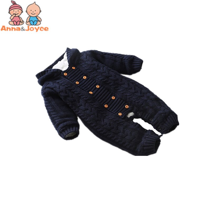 Tyk varm spædbarn nyfødt baby dreng pige strikket sweater jumpsuit hætteklædt barn toddler overtøj romper vintertøj: Blå / 12m