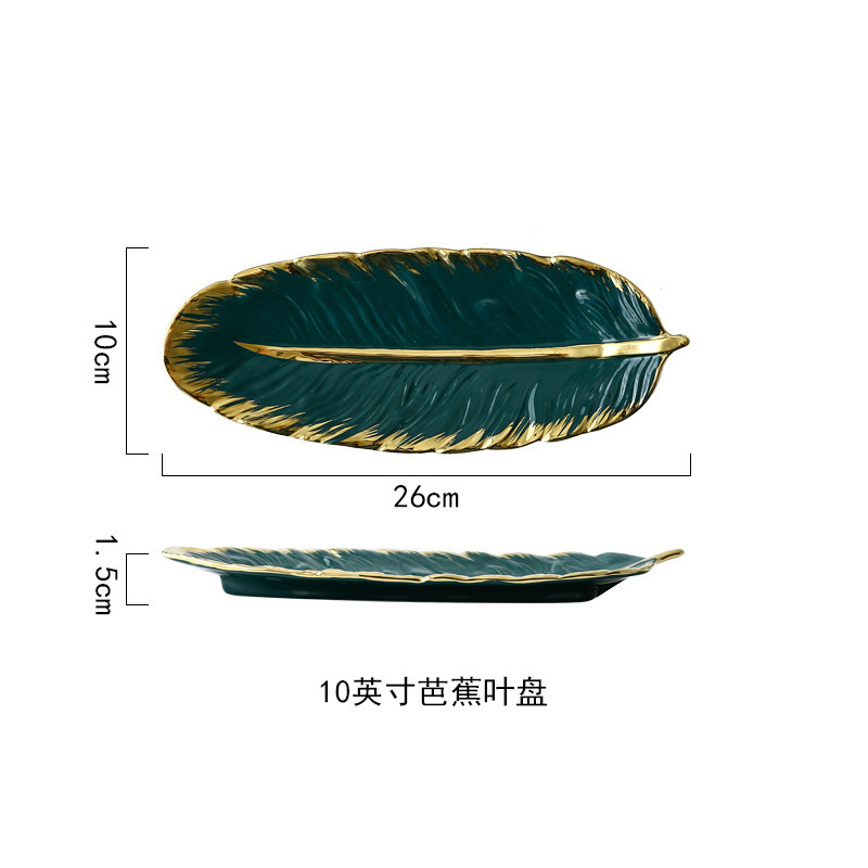 Criativo folha verde forma placa de cerâmica prato jewerlry ouro conjunto jantar porcelana carregador sobremesa louça sushi talheres: green small 
