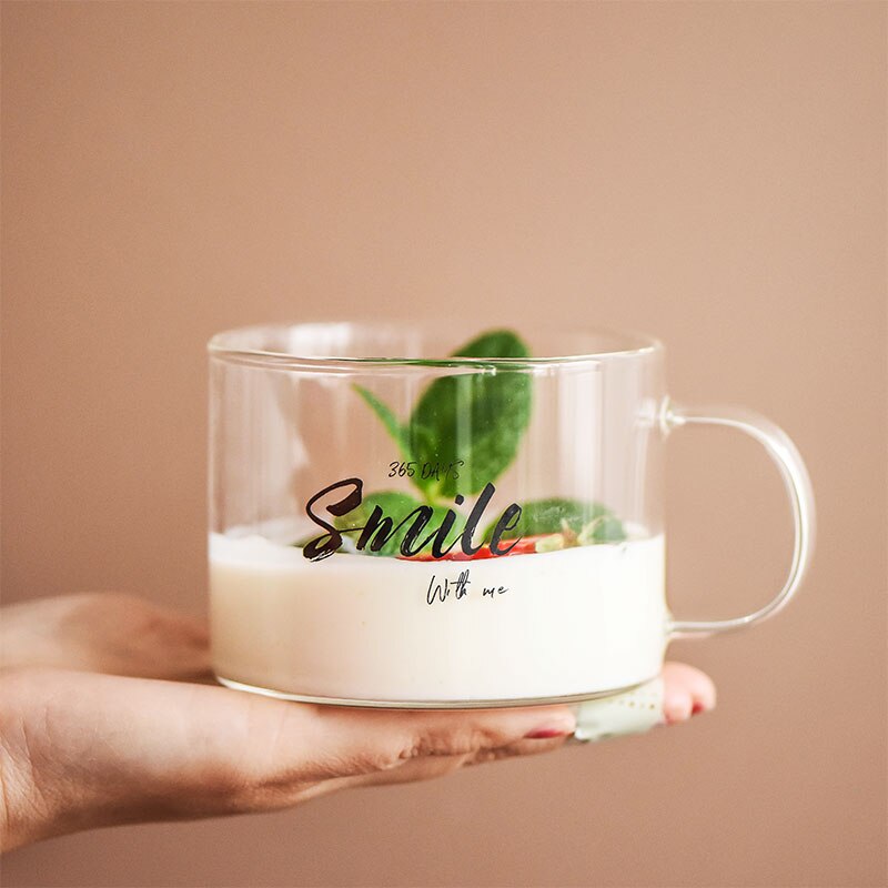 Taza de agua de cristal resistente al calor con mango parte inferior plana se puede calentar transparente para el desayuno en casa Vaso de Leche de cóctel