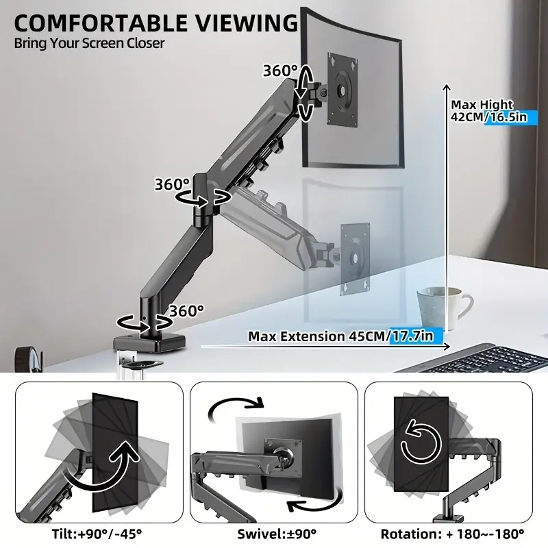 Single Monitor Arm For 13-32" Screen Adjustable Single Monitor Bracket Full Motion Swivel Desktop Monitor Stand for Home Office