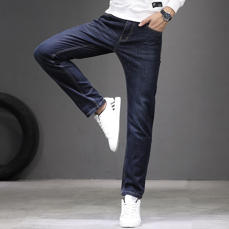 Plus størrelse 42 44 46 vinter menn rett jeans virksomhet klassisk stil denim tøye ut bukser mannlig merke bukser