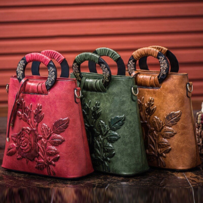 Sac à main rétro à motif de fleurs rouges pour femmes, asymétrique épaule, sacoche en cuir gaufré, sacoche seau, sacoche chinoise,