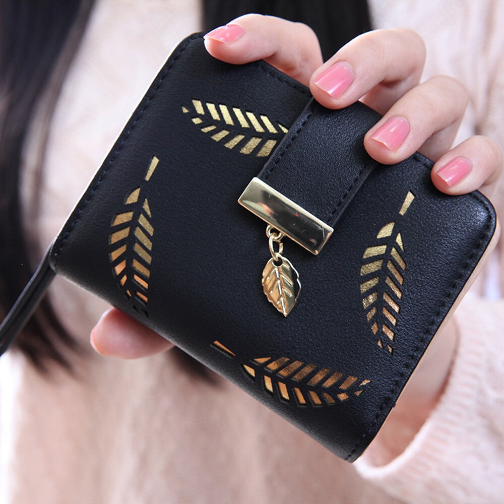Bolsa feminina carteira bifold leaf carteira de couro titular do cartão de embreagem bolsa portafoglio donna billeteras para mujer monederos clip: Black 