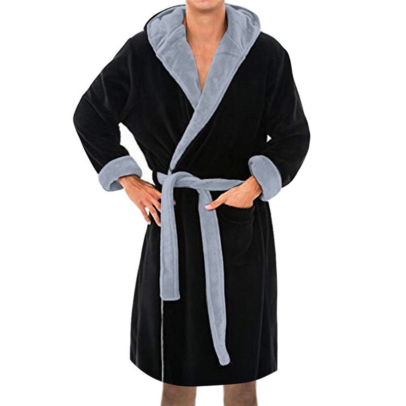Feitong Mode 1Pcs Men'S Winter Polyester Verlengd Pluche Sjaal Badjas Home Kleding Lange Mouwen Effen Kleur Gewaad Jas: Black / 5XL
