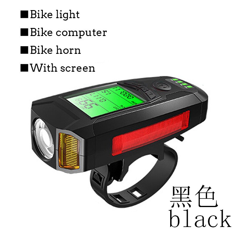 3 in 1 USB Fahrrad Taschenlampe 5 LED Fahrrad Computer/Horn Fahrrad Vorderseite Licht IPX4 Wasserdichte Scheinwerfer Kilometerzähler Fahrrad zubehör: Multifunktion Schwarz