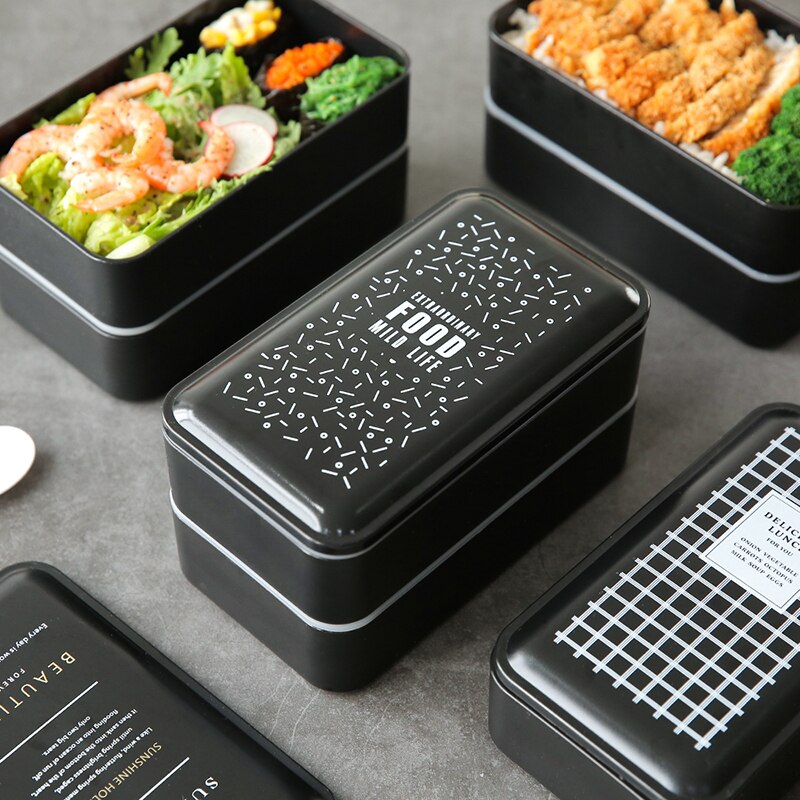Double lunch box lunch box plastic breakfast dinner student food container black portable lunch box microwave heating 2000ml