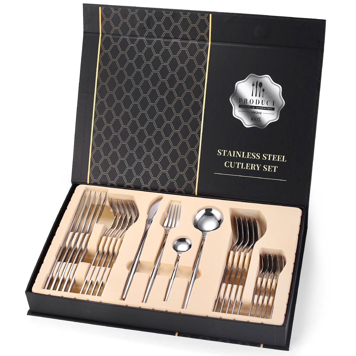 24pcs Gold Dinnerware Set Stainless Steel Mirror Cutlery Set Knife Fork Coffee Spoon Home Tableware Set Upscale Box: silver