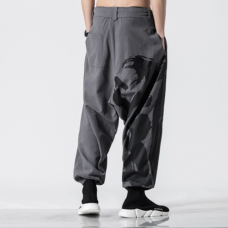 Men Casual Loose Pant Streetwear Male Elastic Waist Cotton Linen Print Harem Trousers Joggers Sweatpants Thailand Travel Clothes