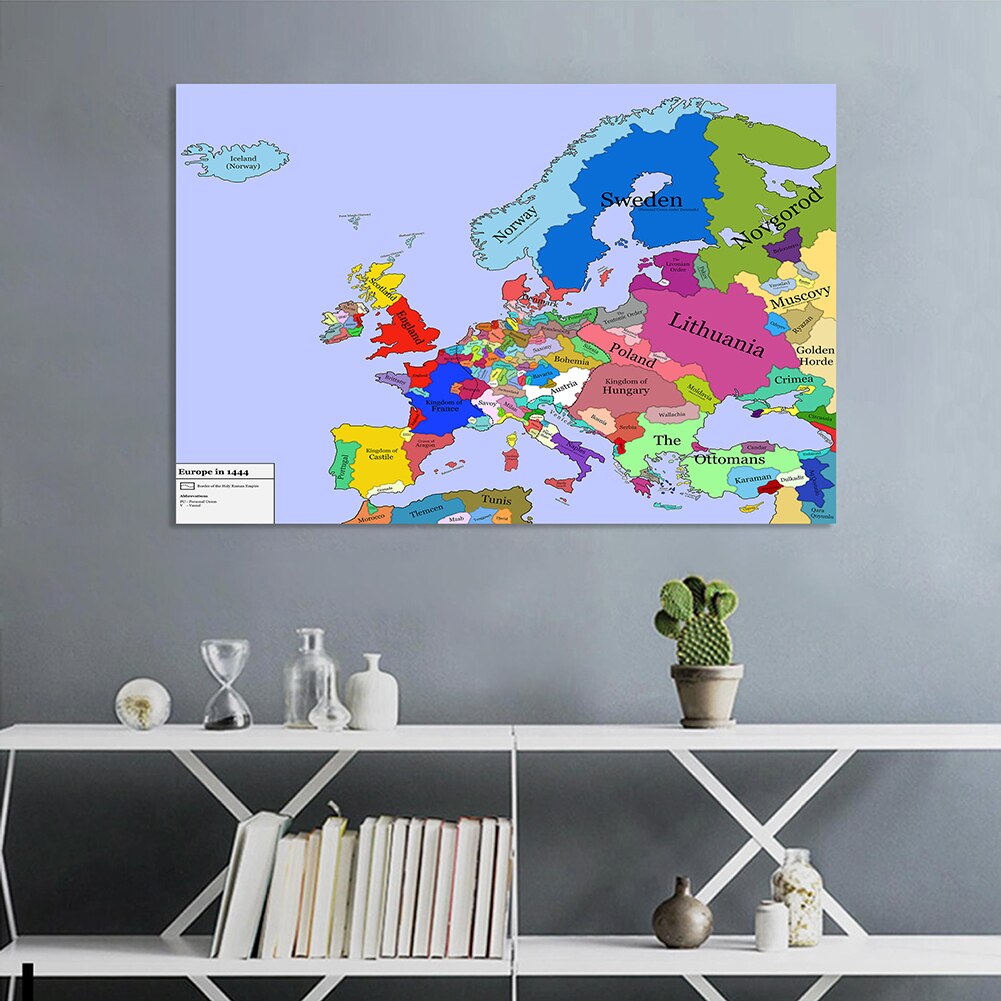 150*100cm Map of The Europe In 1444 Retro Wall Art Poster Non-woven Canvas Painting Home Decoration School Supplies