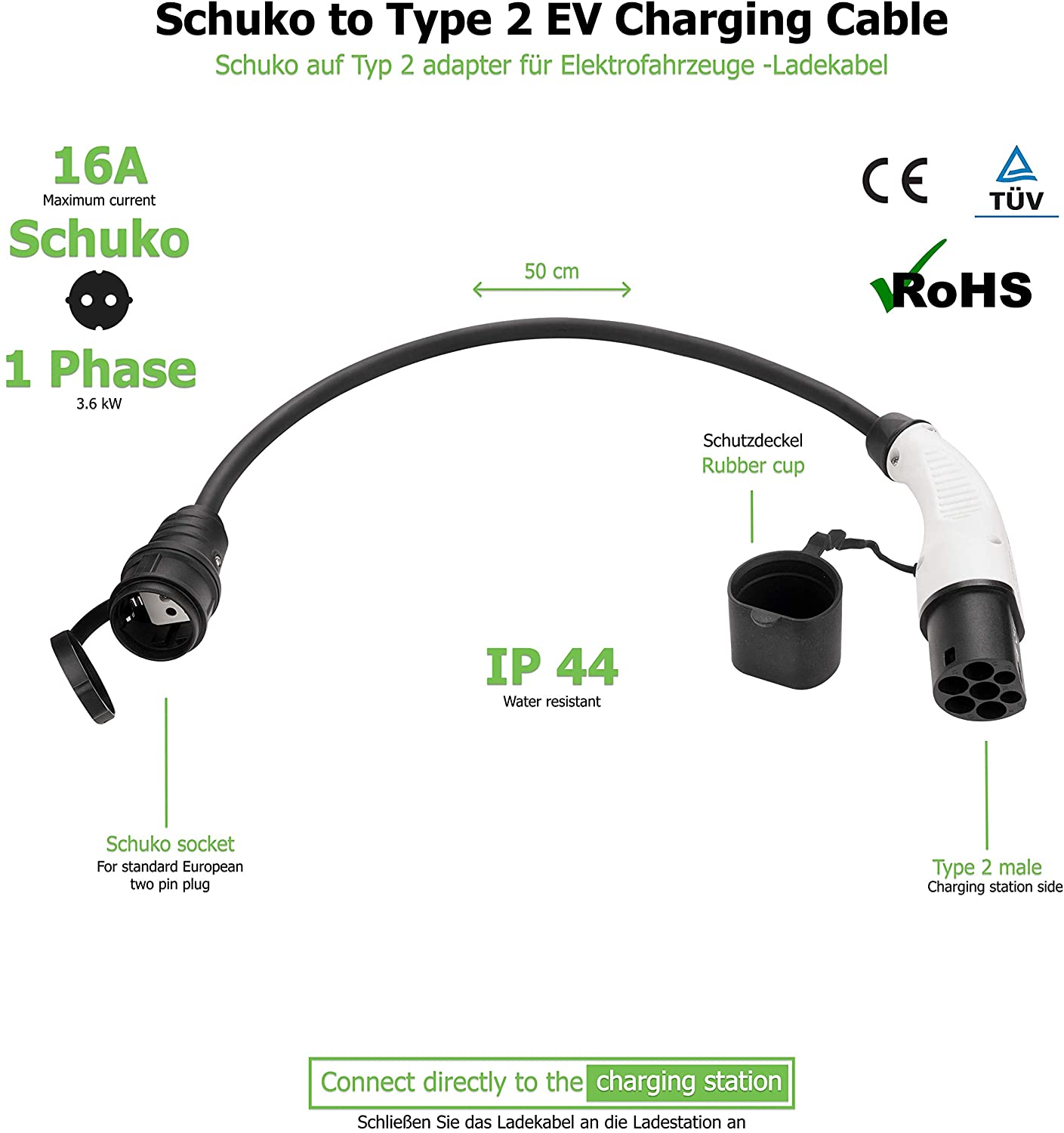 Ev Opladen Adapter Type 2 Stekker Naar Schuko Socket Ev Connector 16A Enkele Fase En 0.5 Meter Kabel Voor draagbare Ev Charger