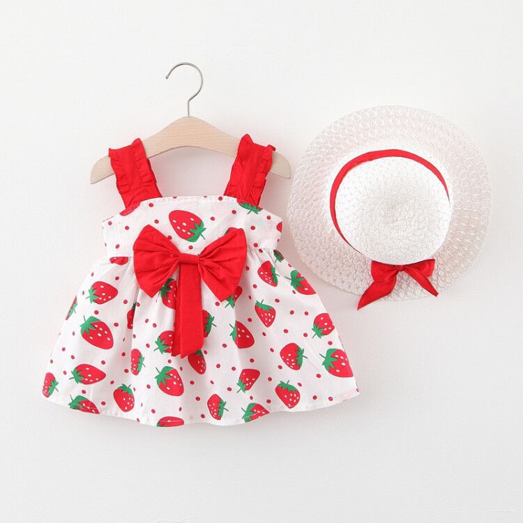 Vestido de verano de fresa con sombrero para bebé, con lazo grande, línea A, ropa de verano para niña, Vestido de playa infantil para bebés: D / 12 meses
