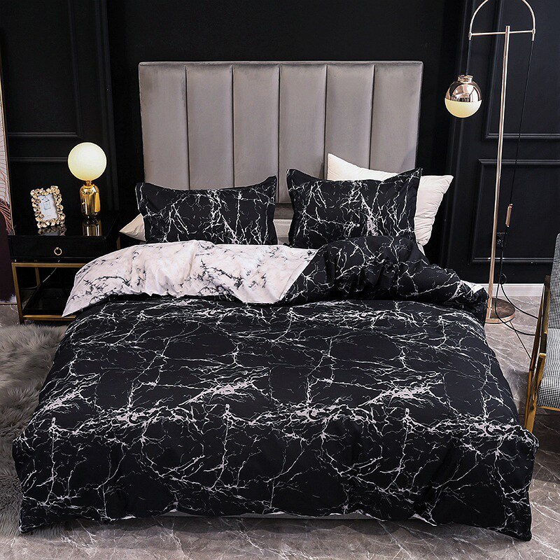 Juego de ropa de cama con estampado de mármol para dormitorio, colchas suaves, funda de edredón cómoda de , funda de almohada: Black / 150X200cm