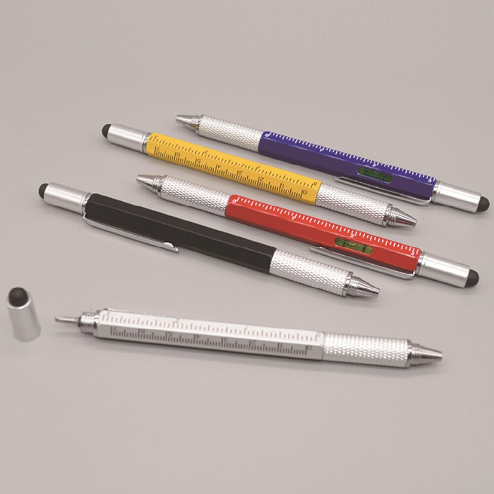 10 stks/partij 6 in 1 Aluminium Tool Pen Schroevendraaier Heerser met Mobiele Telefoon Touch Stylus Pen Metal Tool Balpen schroevendraaier