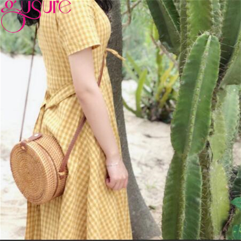 Gusure Vintage Handmade Crossbody Women Bag Round Beach Circle Rattan Bag Small Shoulder Bags Bohemian Handbags Travel Styles