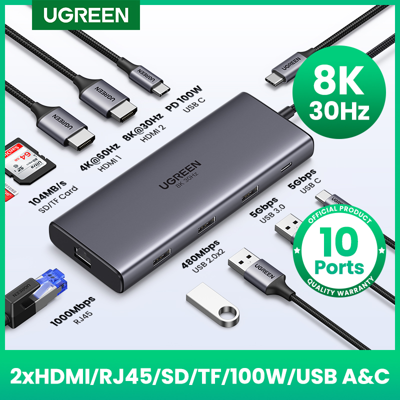 UGREEN Dual HDMI HUB USB 8K HDMI Adapter 10 W 1 Splitter z RJ45 USB 3.0 PD 100W stacji dokującej do macbooka Pro Air M2 M1 USB C HUB
