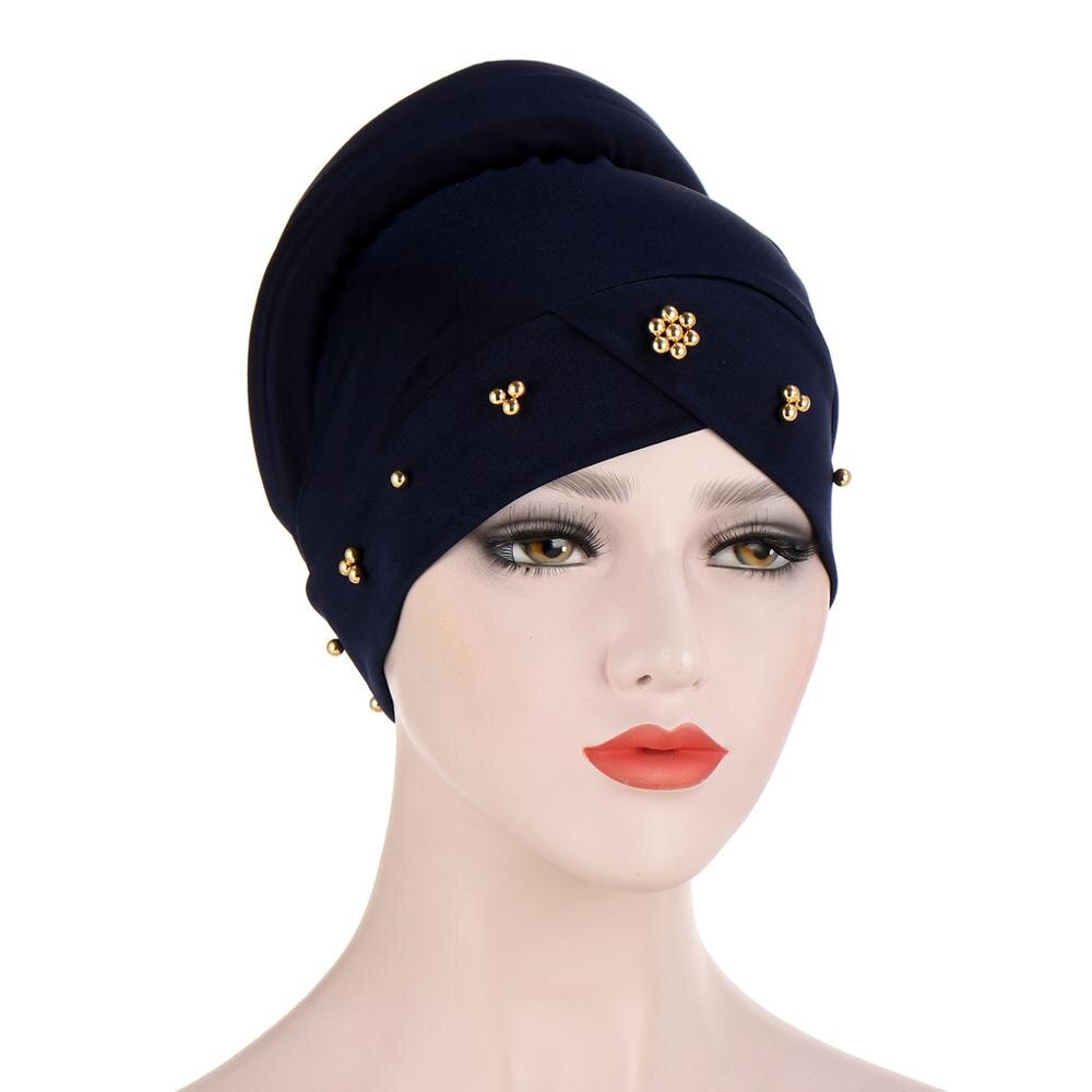 Turbante con cuentas, Turbante elástico musulmán para mujer, gorro interior hiyab cruzado para la frente, gorro árabe para envolver la cabeza, gorros para Hijab: 4
