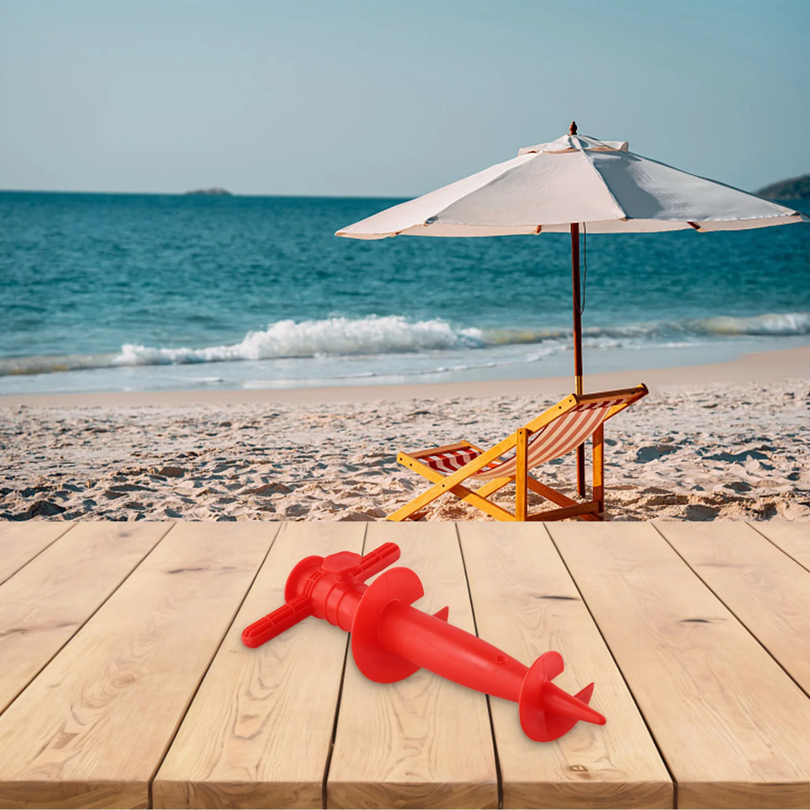 1x parasolbaser til sol, justerbar strandterrasse, sand, jordfastgørelsesværktøj, spyd, plastikparasolsand, strækstativholder