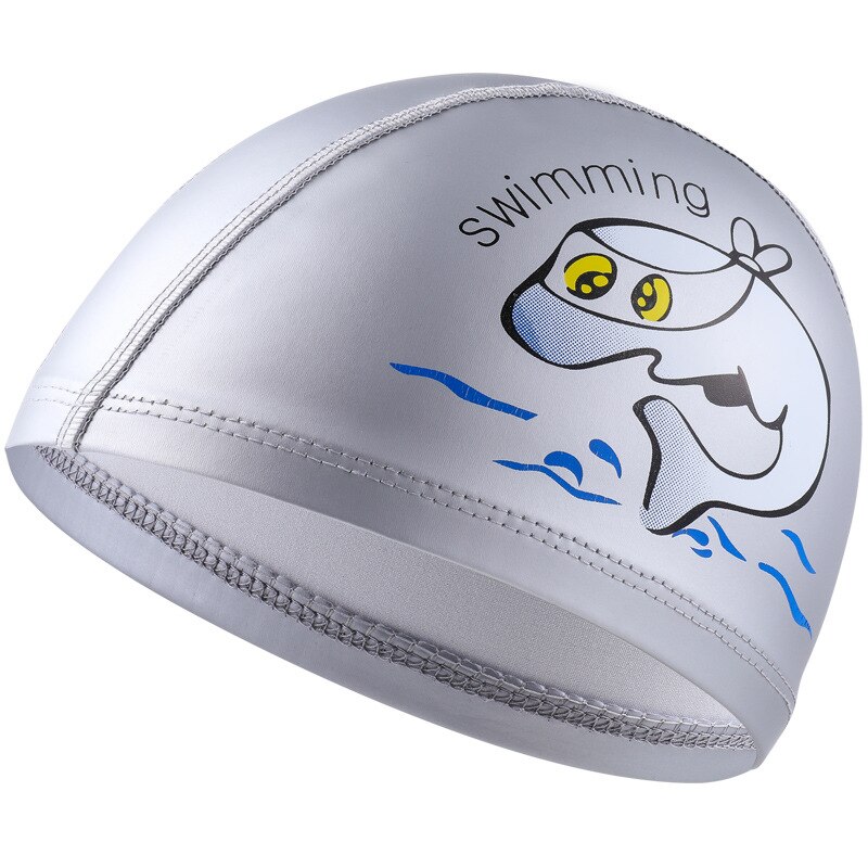 Children's Swimming Cap PU Cartoon Print Boys and Girls Swimming Elastic Hat Swimming Pool Cap Ear Protection Children Cap: Grey