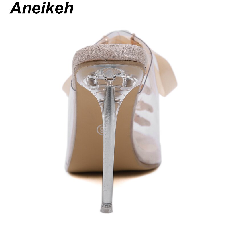 Aneikeh pvc dametøfler gennemsigtige rund tå sko slides snørebånd slip-on tynde hæle sorte abrikos pu str. 35-42