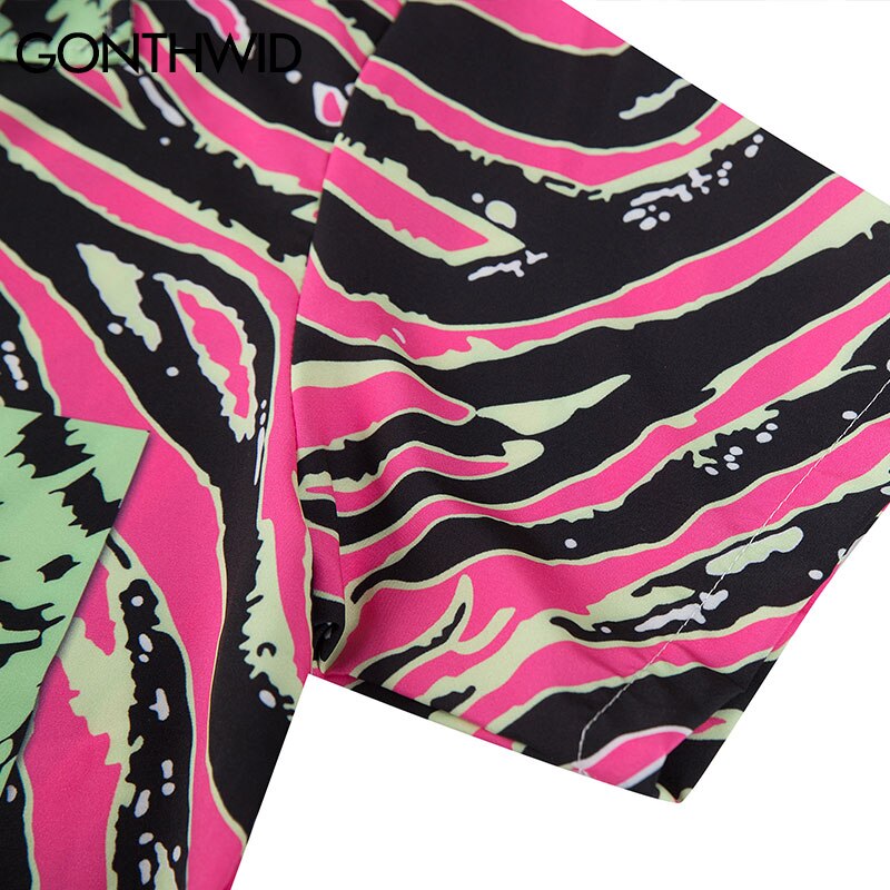 Gonthwide zebra striber leopard prikker print farve blok patchwork lomme korte ærmer hawaiian skjorter sommer casual knap toppe