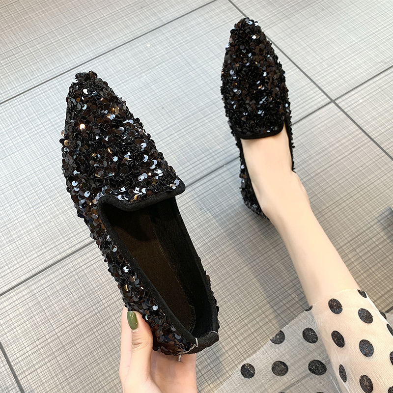 Pointed Toe Glitter Moccasins Women Shoes 35-40 Bling Loafers Espadrilles All-match Ballerina Woman Fairy Paillette Flats: Black / 6
